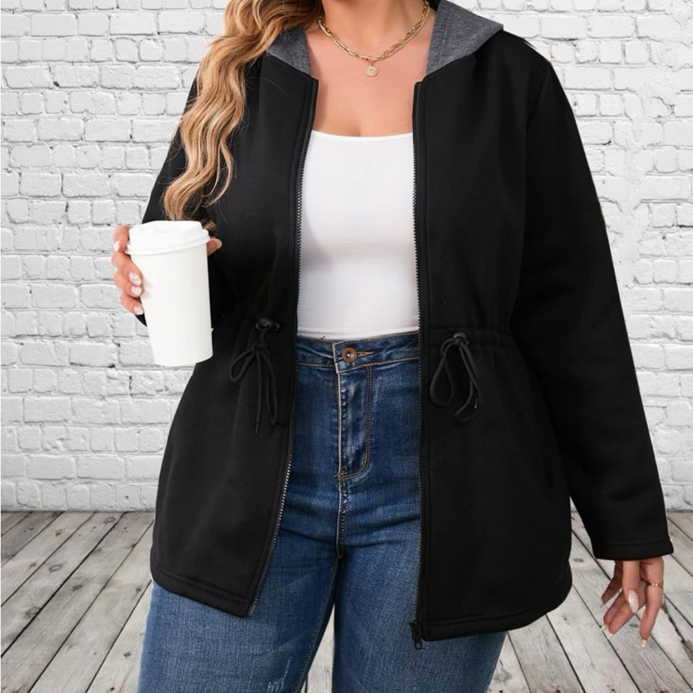 Black 4X Drawstring Waist Hooded Coat Fall Winter